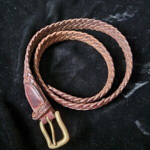 Brown Leather Braided Belt with Brass Buckle, 1" Width